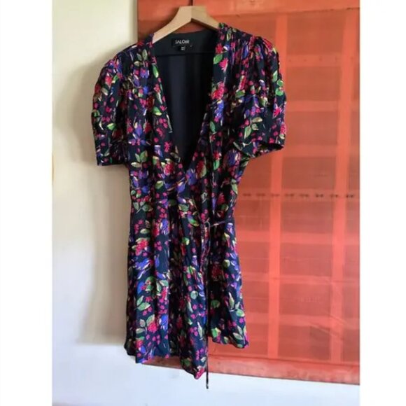 Saloni Lea Wrap Mini Dress in Carolotta Indigo Floral size 12 - Picture 3 of 4